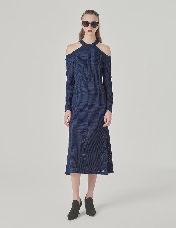 MARYLING Dark Blue Off-Shoulder Slim Fit Fishtail Lace Dress