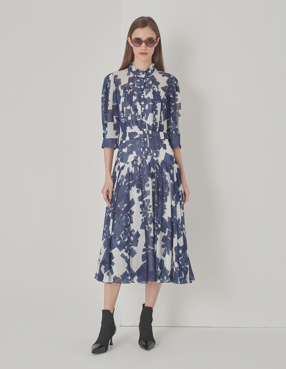 MARYLING Blue And White Grit Georgette Long Sleeve Dress
