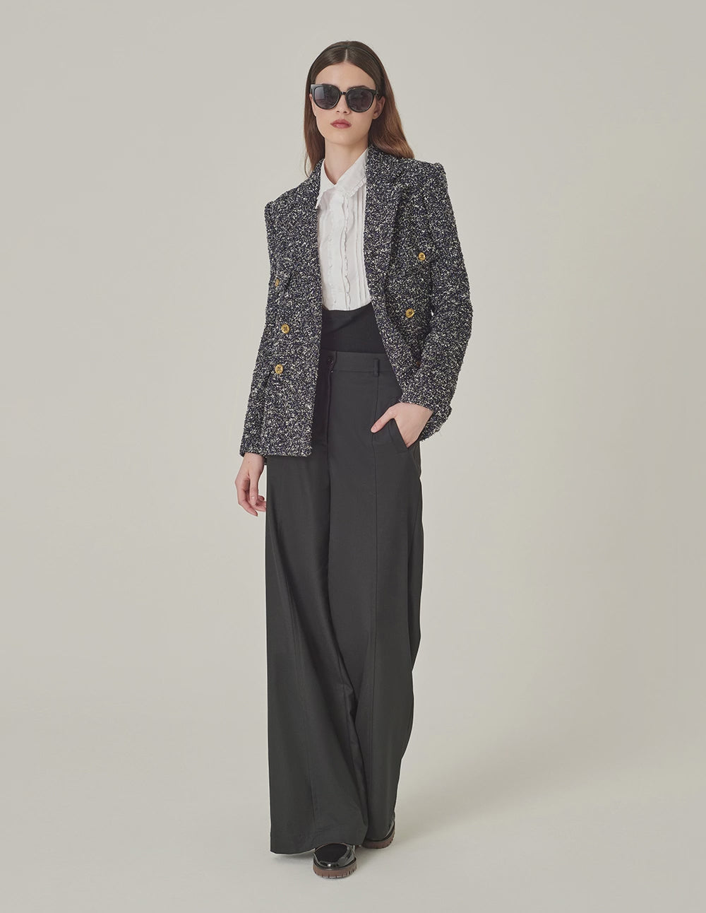 MARYLING Lapel Long-Sleeve Tweed Double-Breasted Blazer