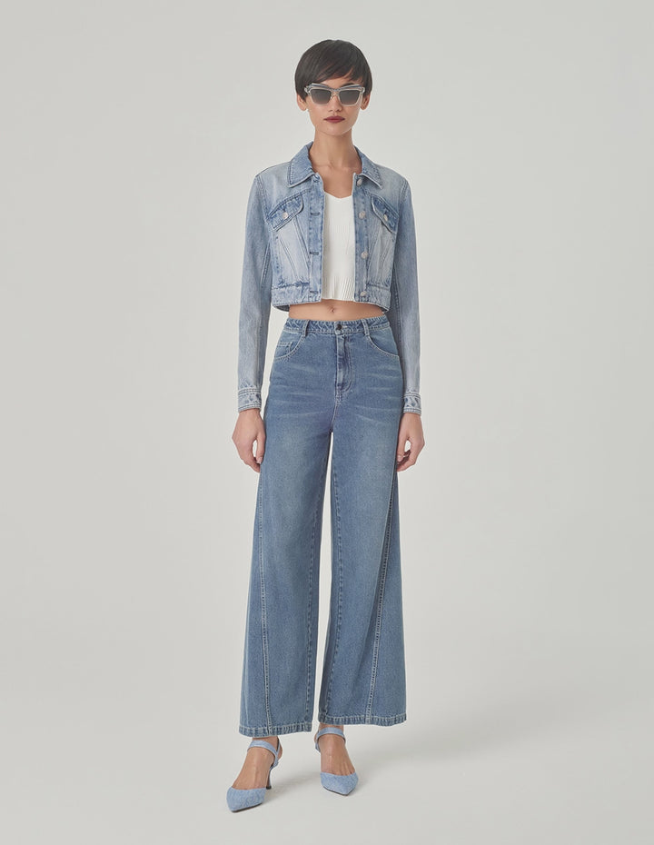 MARYLING Cropped Wash Blue Denim Jacket