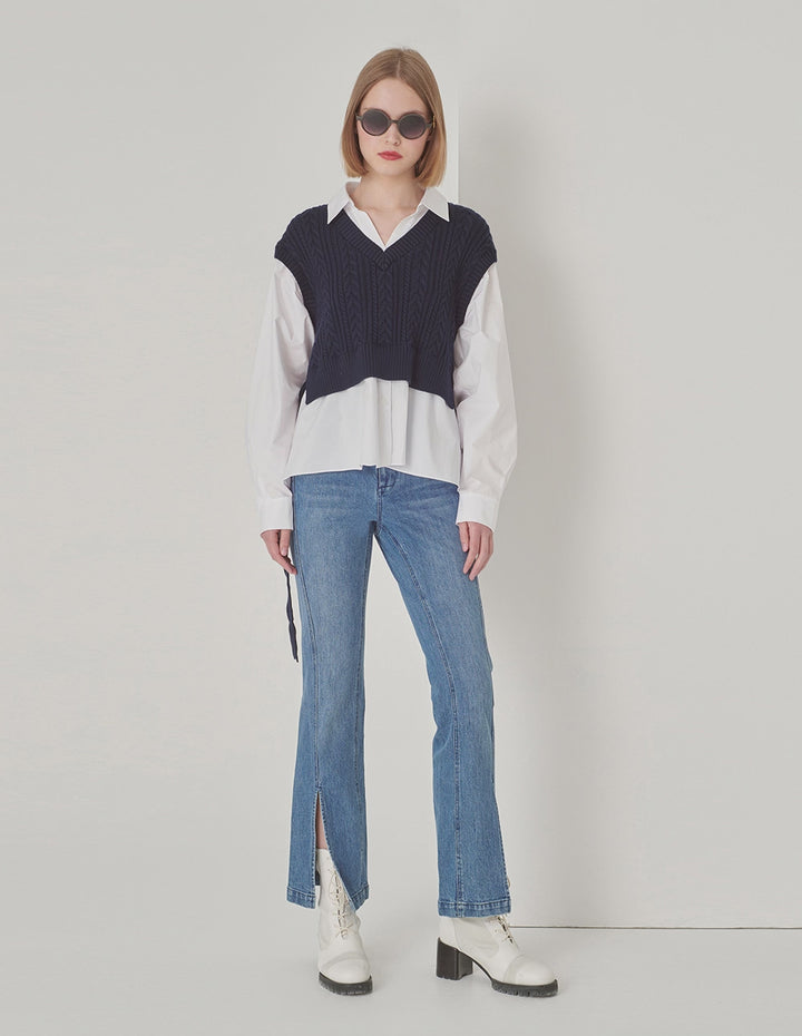 MARYLING Blue And White Contrast Knit Woven Matching Sweatshirt