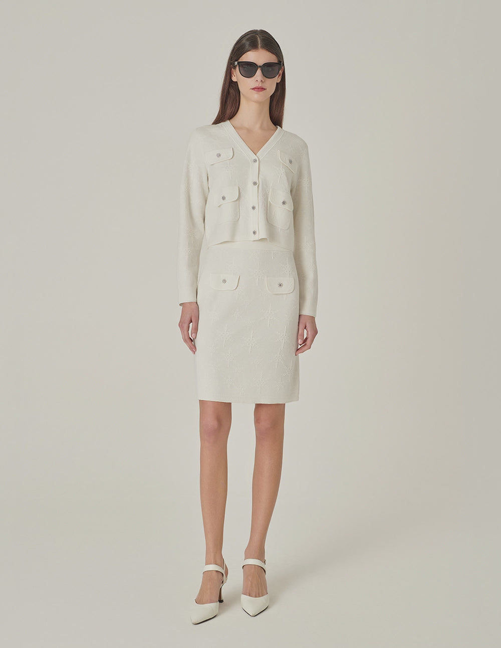 MARYLING V-Neck Multi-Pocket Long-Sleeve Jacquard Cropped Knitted Cardigan