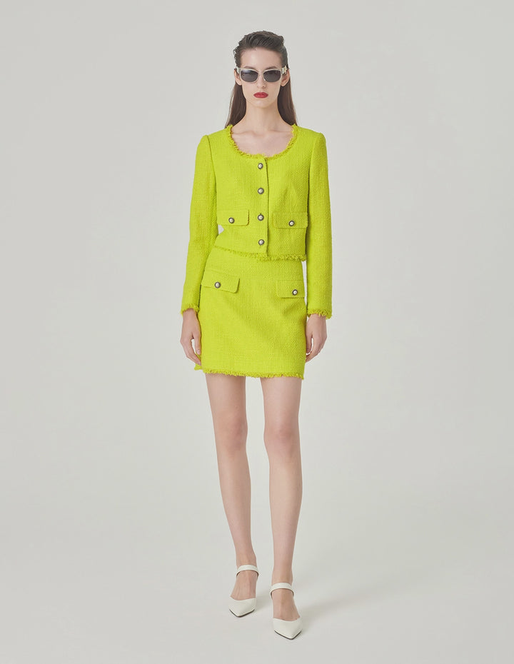 MARYLING Bright Yellow Contrast Button Tweed Skirt