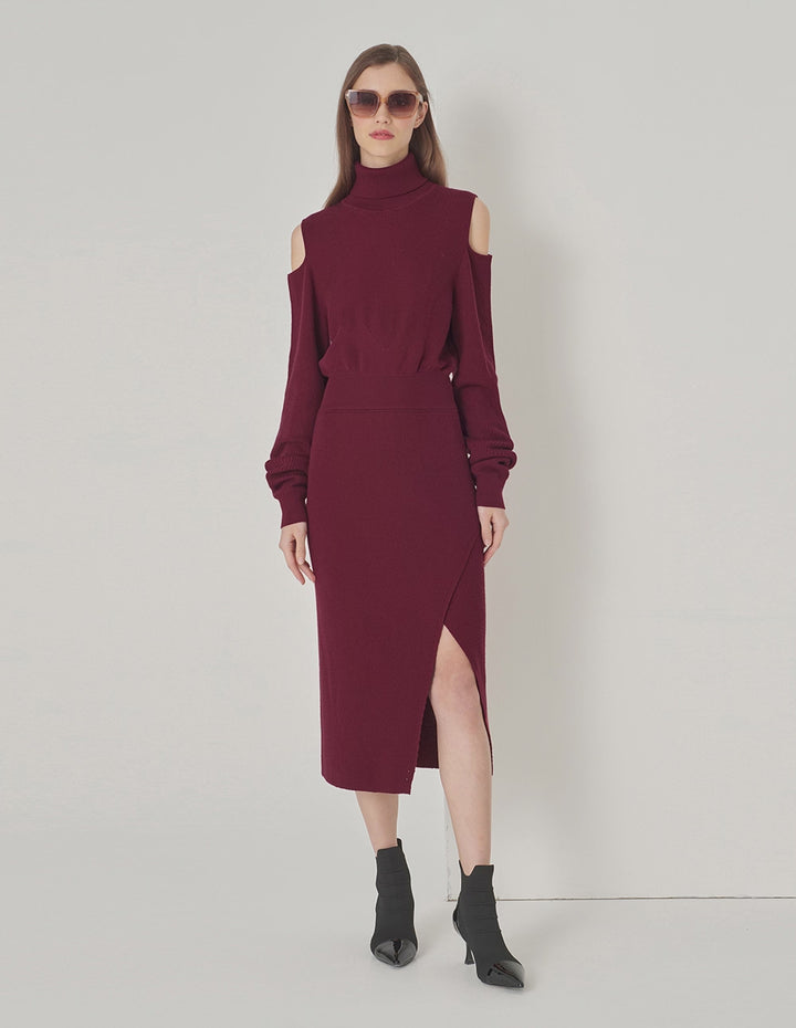MARYLING Burgundy Red Turtleneck Off-The-Shoulder Long-Sleeve Knitted Dress