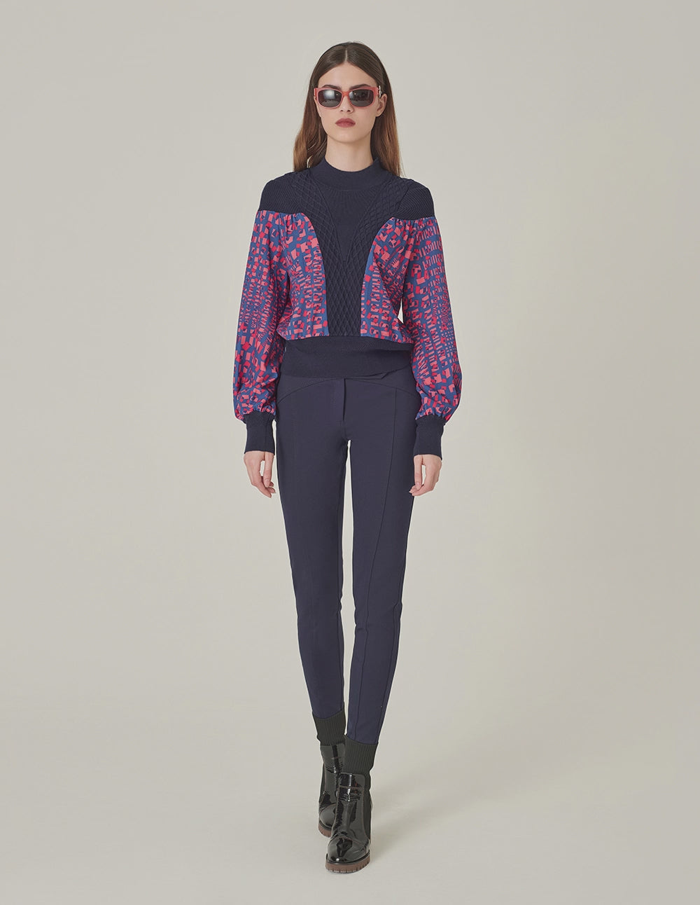 MARYLING V-Shaped Printed Patchwork Knitted Pullover