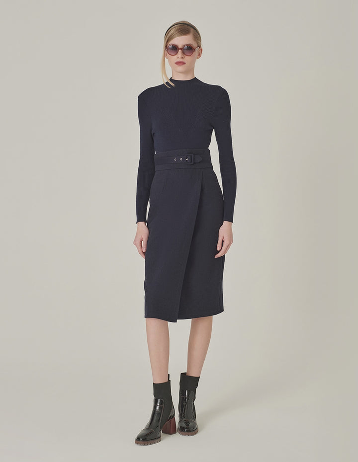 MARYLING Crew-Neck Long Sleeve Patchwork Sheath Slits Midi Knitted Wool Dress