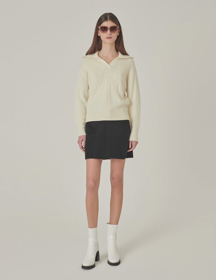 MARYLING Lapel Collar Long-Sleeve Cream-Colored Knitted Pullover