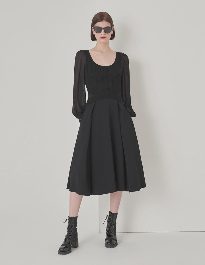 MARYLING Black Square Neck Knitted Patchwork Georgette Sleeve Dress