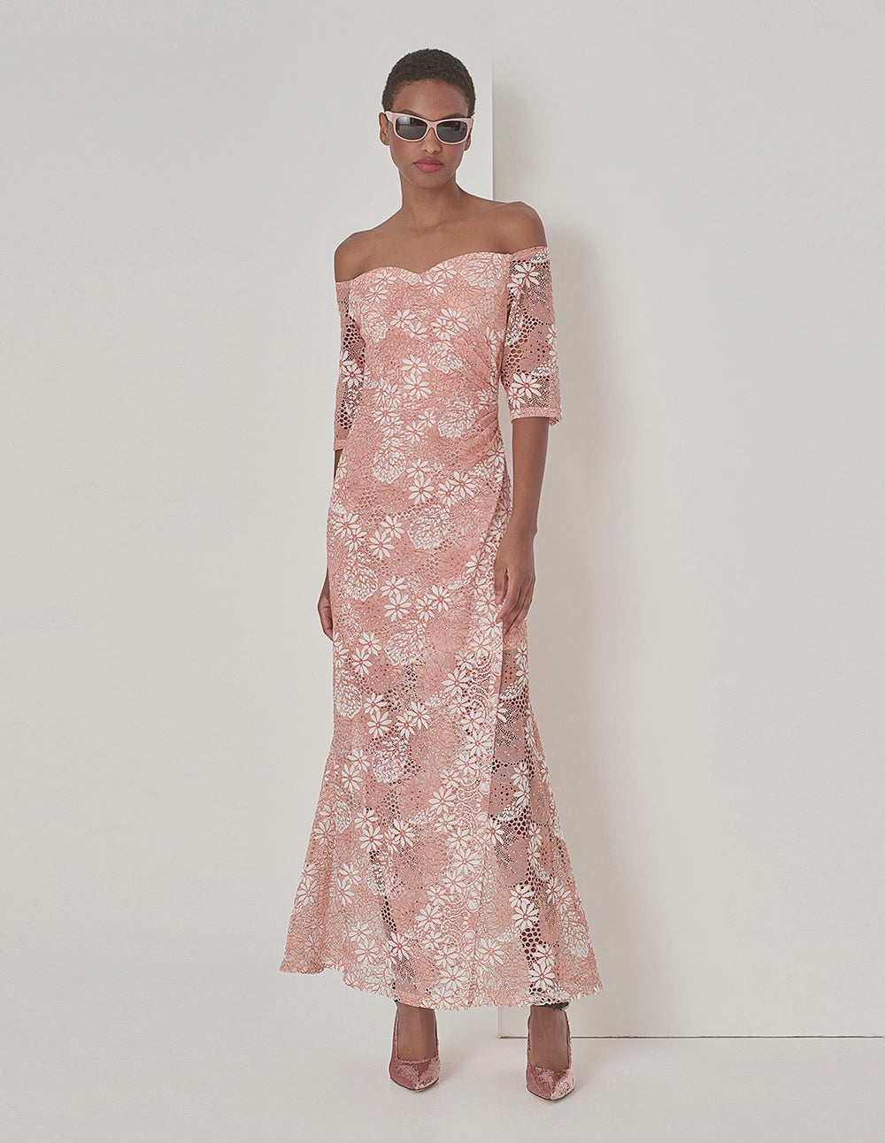 MARYLING Pink One-Line Neckline Fishtail Lace Dress