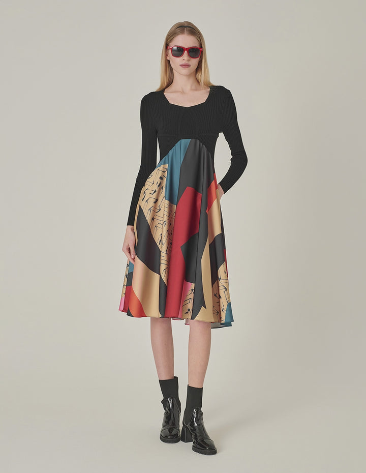 MARYLING V-Neck Printed Knitted Patchwork Dress