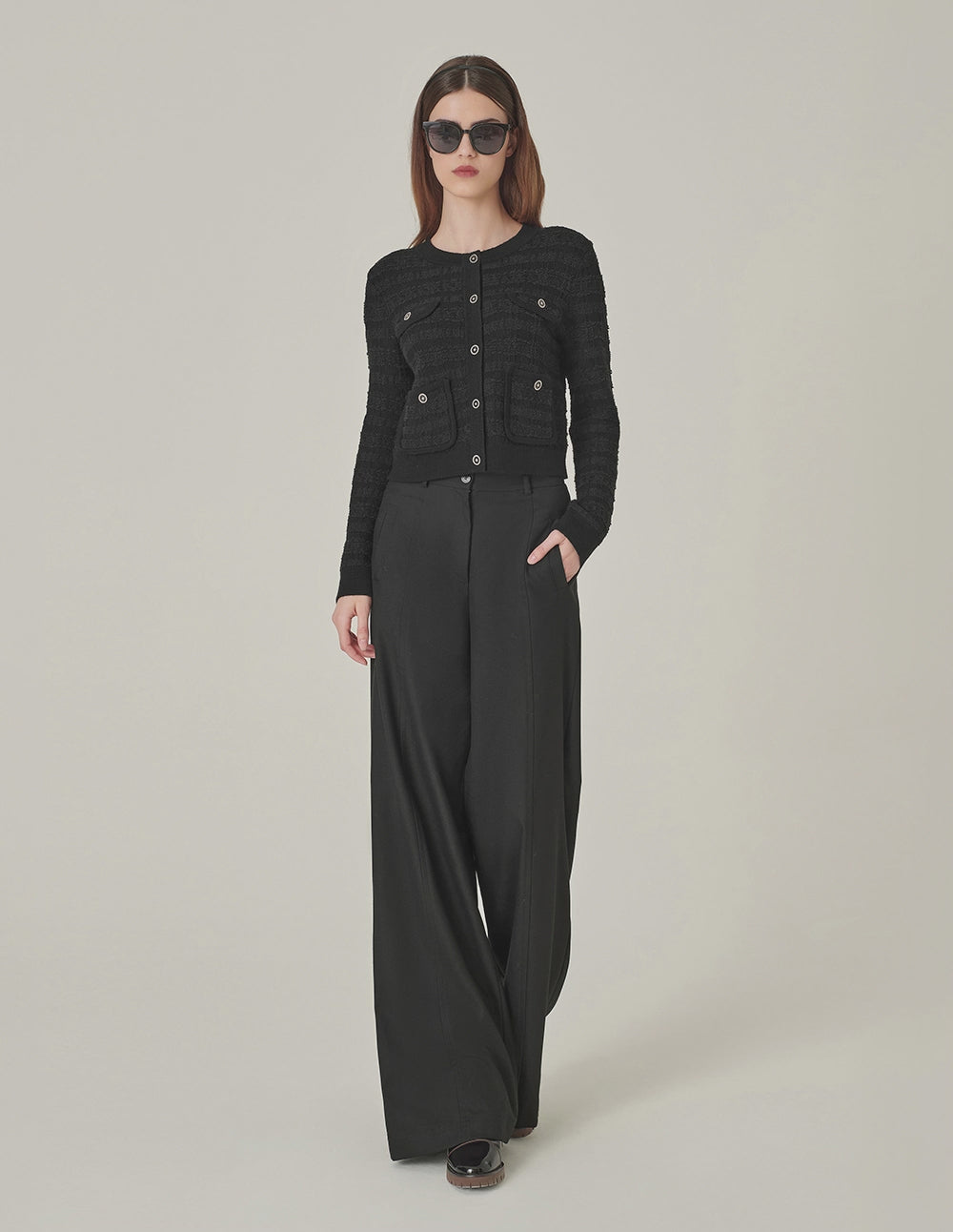 MARYLING Black Round Neck Dark Texture Cropped Knitted Cardigan