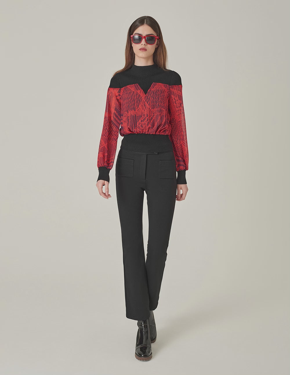 MARYLING High Collar Knit Patchwork Print Blouse