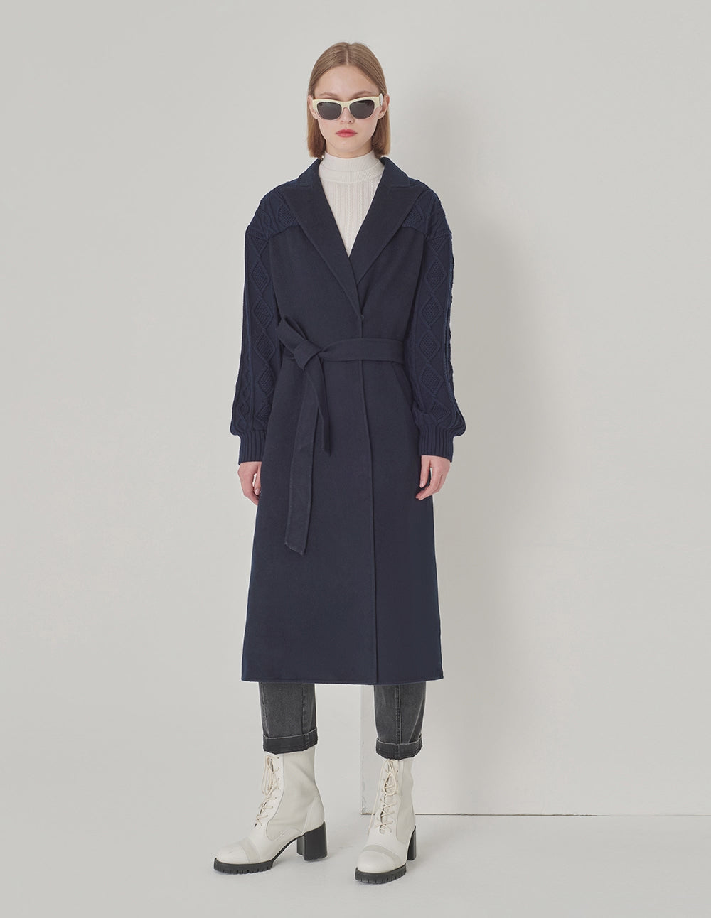 MARYLING Dark Blue Double-Sided Wool And Knitted Long Coat