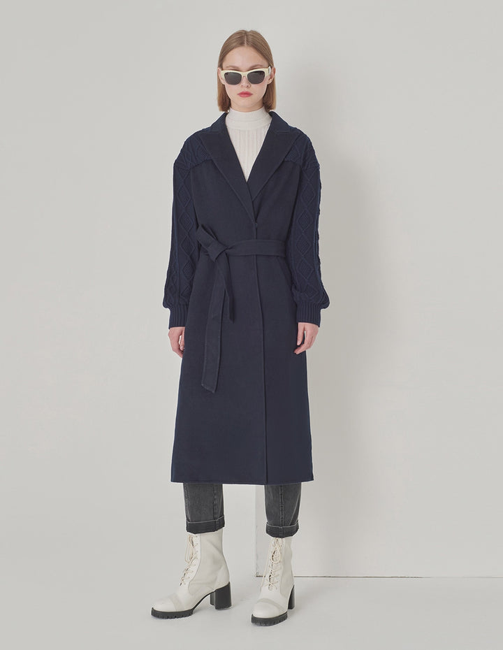MARYLING Dark Blue Double-Sided Wool And Knitted Long Coat