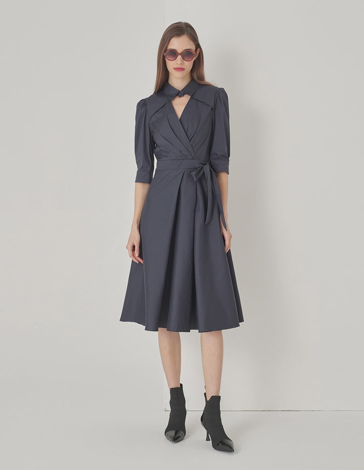 MARYLING Midnight Blue Shirt Neck V-Shaped Overlap Knotted Navy Dress