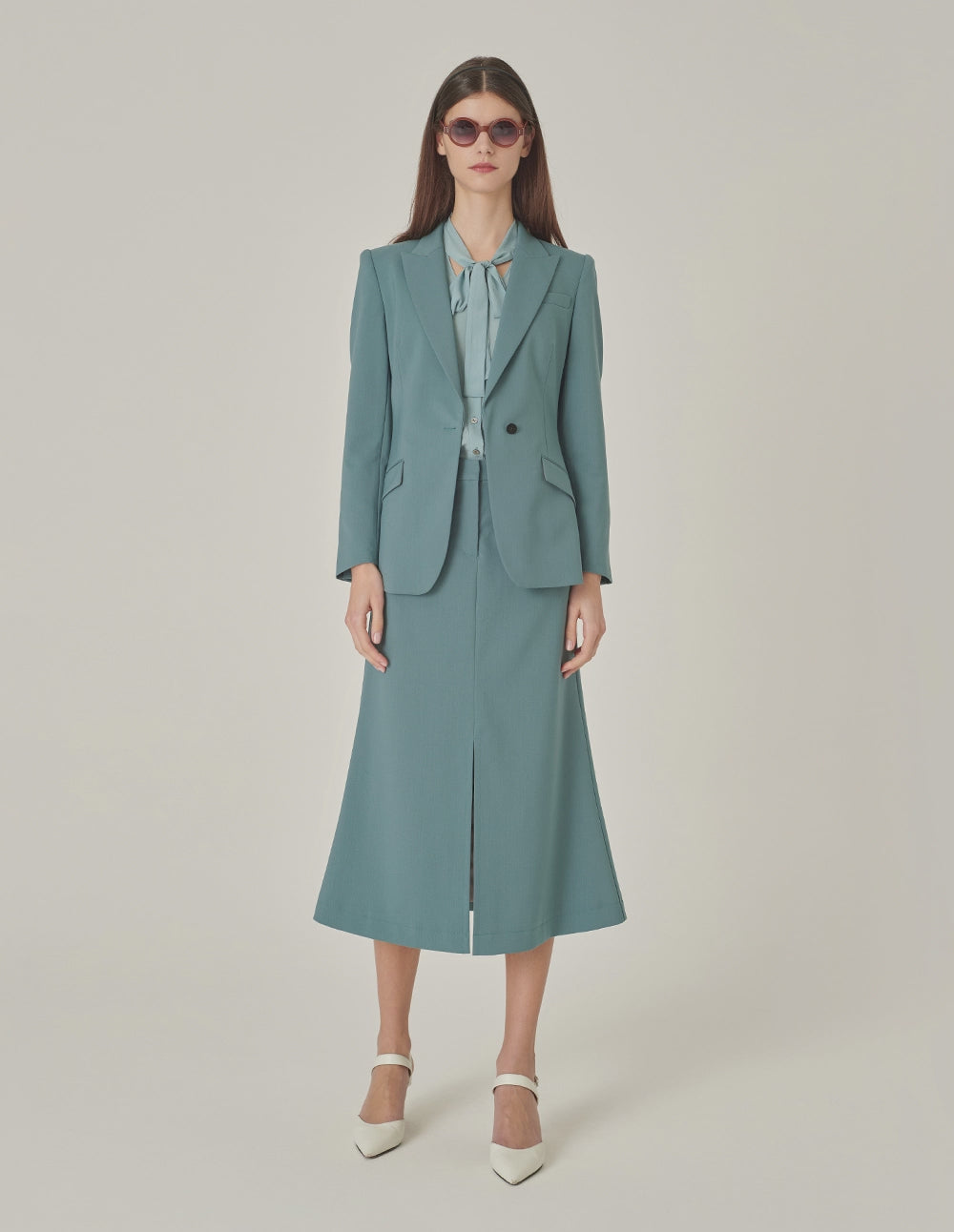 MARYLING Mist Blue Peaked Lapel Single-Breasted Waisted Blazer
