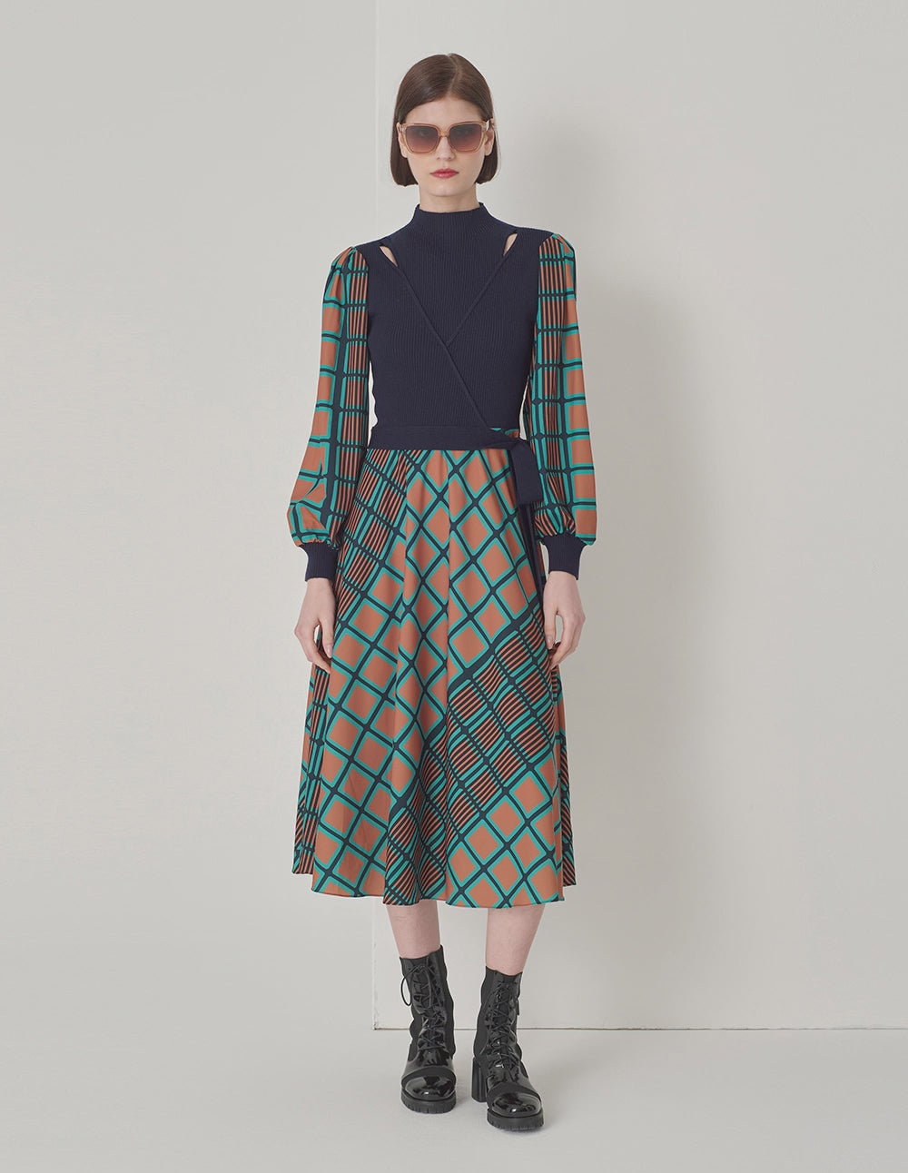 MARYLING Art Cube V Neck Knit Woven Dress