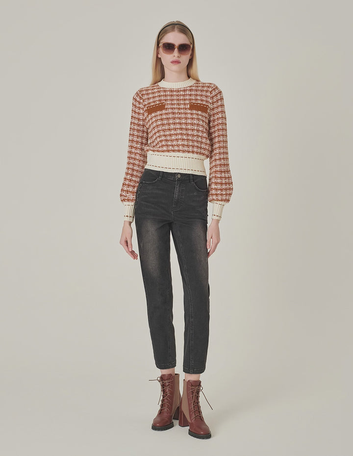 MARYLING Plaid Round Neck Long-Sleeved Cropped Knit Sweater
