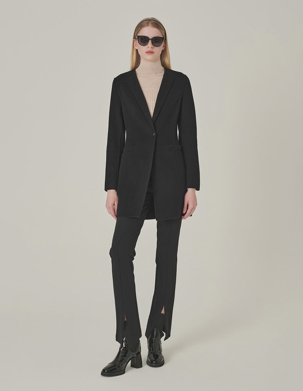 MARYLING Black V-Neck Single-Breasted Silk-Wool Coat