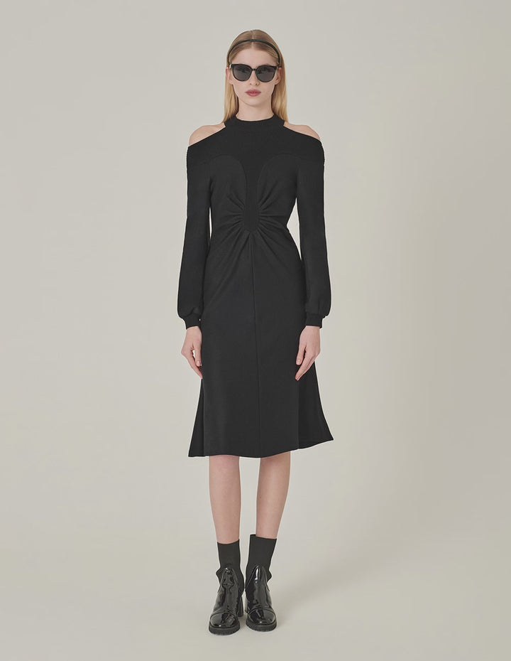 MARYLING Off-Shoulder Long Sleeve Patchwork Knit Wool Pleated Midi Dress