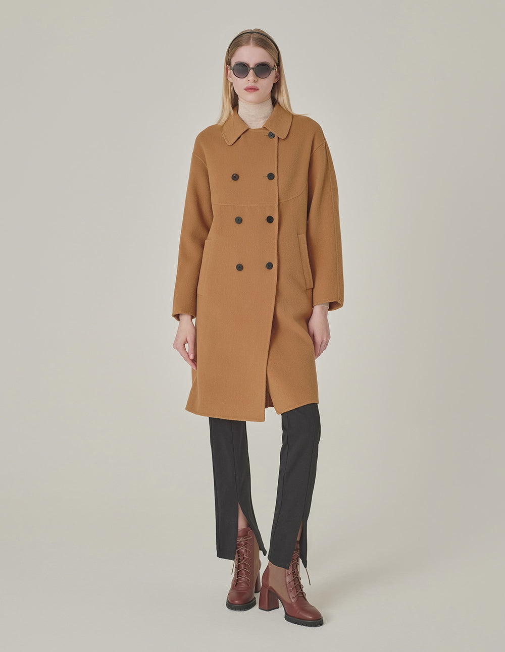 MARYLING Round-Neck Double-Breasted H-Shaped Camel-Colored Cashmere Coat