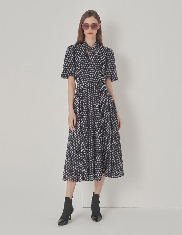 MARYLING Black And White Forest Tie Bow Shirt Dress