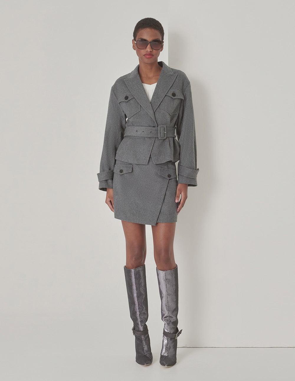 MARYLING Gray Lapel Collar Contrast Button Belted Jacket