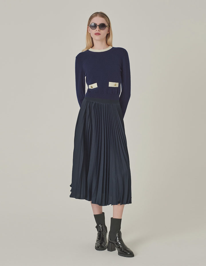 MARYLING Round-Neck Contrast Long-Sleeve Cropped Cashmere Knitted Sweater