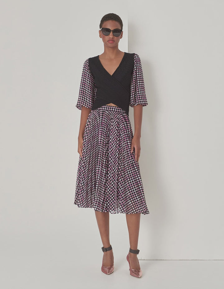 MARYLING Cranberry Checkered Sun Pleated Print Skirt