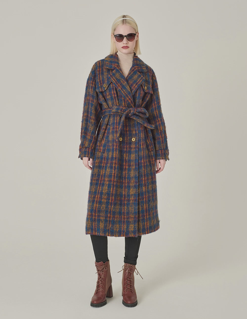 MARYLING Lapel Double-Breasted Red & Blue Plaid H-Shaped Coat