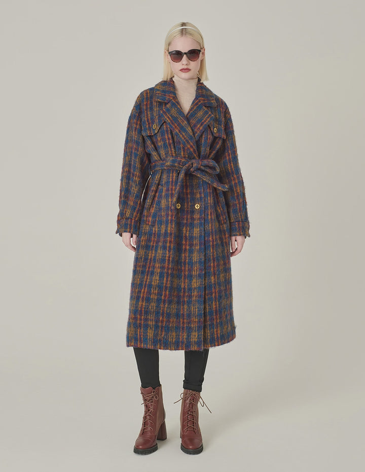 MARYLING Lapel Double-Breasted Red & Blue Plaid H-Shaped Coat