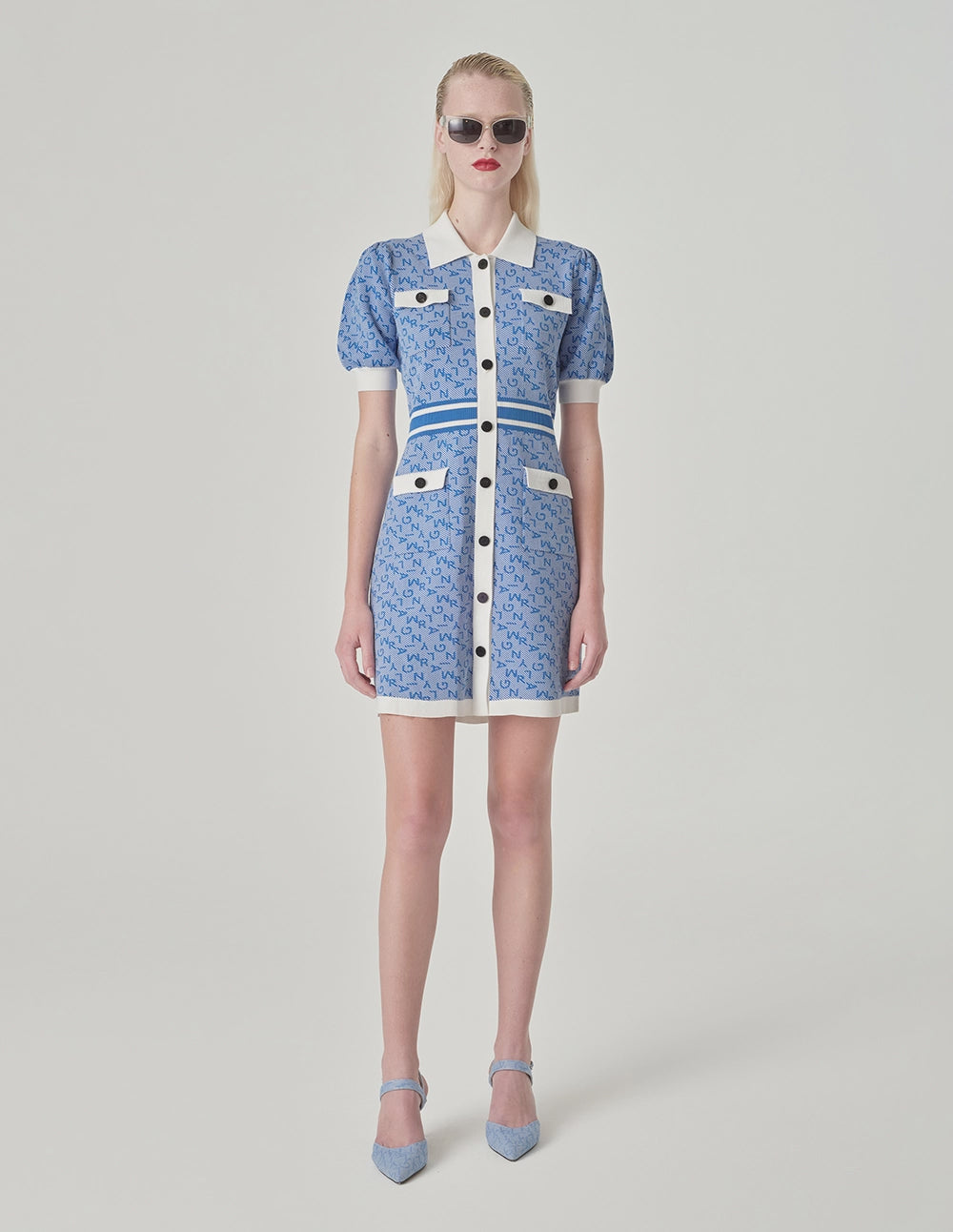 MARYLING Denim Blue T-Shirt Collar Jacquard Knitted Dress