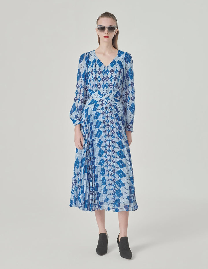 MARYLING Blue And White Diamond Plaid V-Neck A-Hem Dress