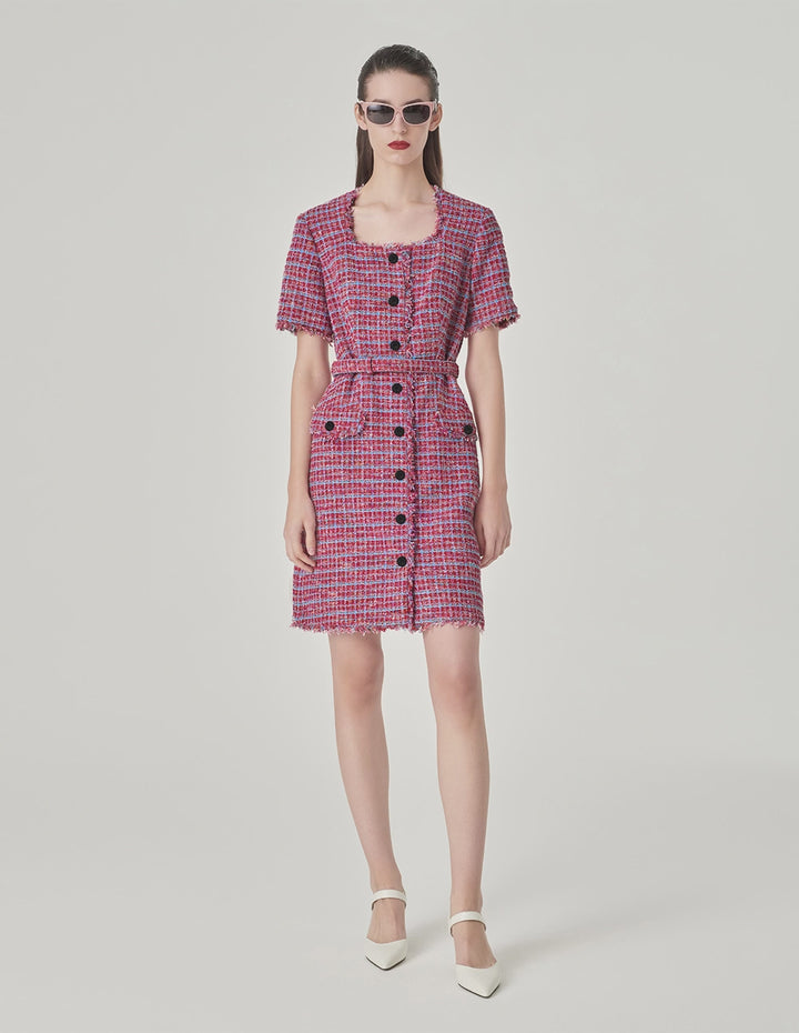 MARYLING Powder Blue Plaid Tweed Short-Sleeved Dress