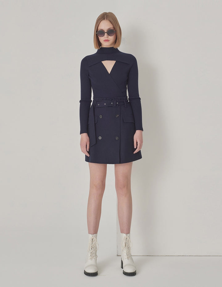 MARYLING Navy V-Shaped Hollow Knitted Double-Sided Woolen Dress