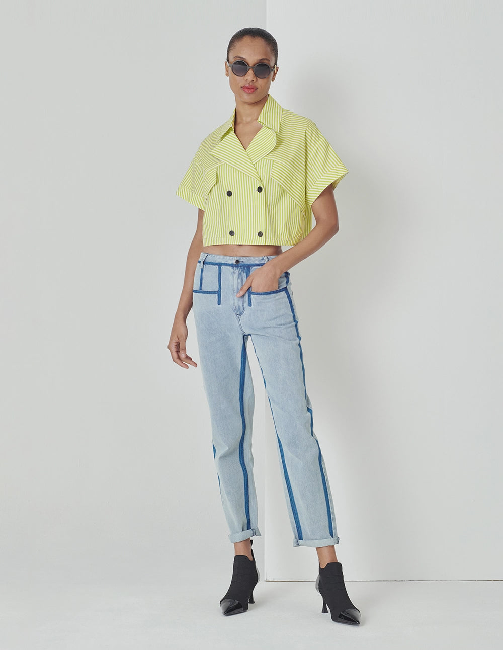 MARYLING Yellow And White Striped Lapel Blouse