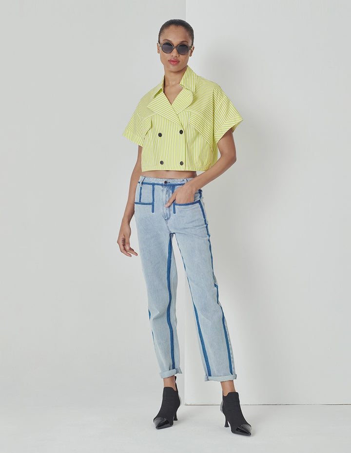 MARYLING Yellow And White Striped Lapel Blouse