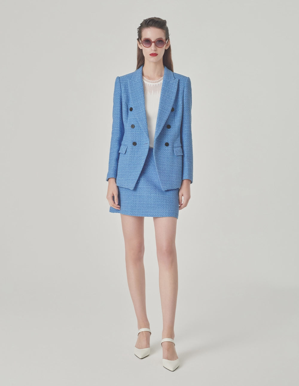 MARYLING Ice Blue Tweed Peaked Lapel Double-Breasted Blazer