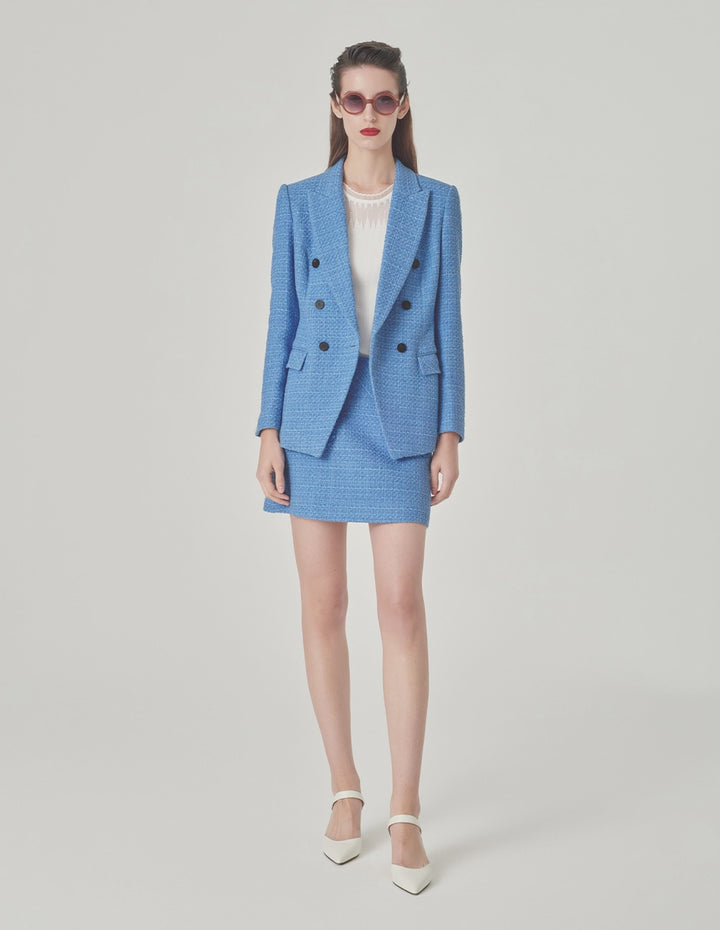 MARYLING Ice Blue Tweed Peaked Lapel Double-Breasted Blazer