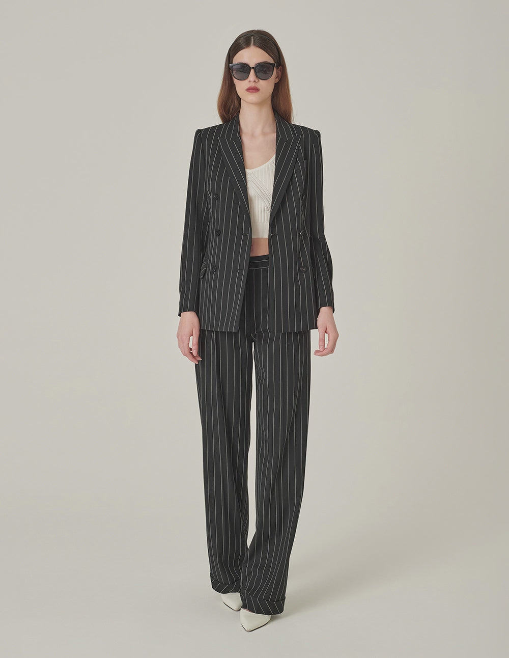 MARYLING Striped Lapel Collar Double-Breasted Blazer