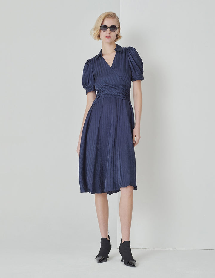 MARYLING Midnight Blue V-Neck Umbrella Hem Striped Dress