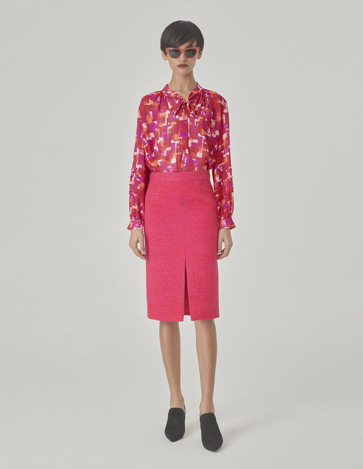 MARYLING Pink Checkered Bow Tie Printed Blouse