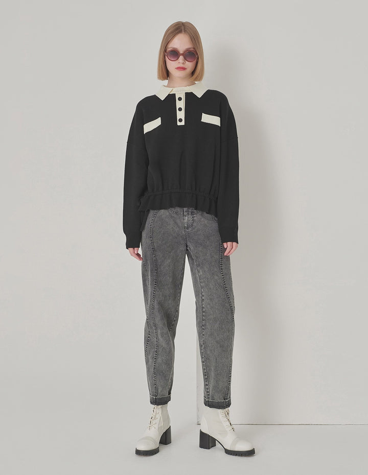 MARYLING Black And White Contrast T-Shirt Collar Knitted Pullover