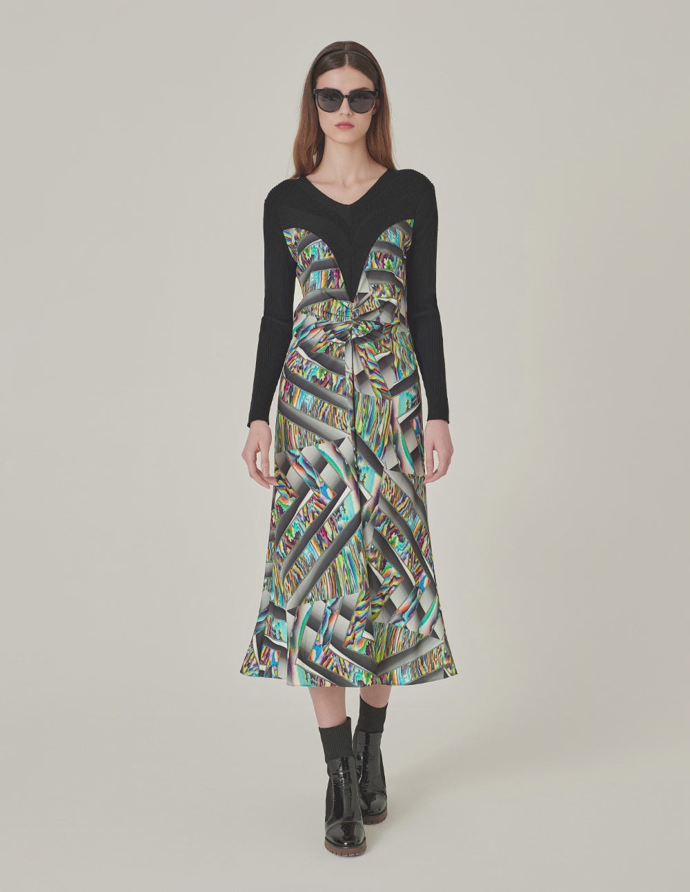 MARYLING Round-Neck Long-Sleeve Empired Knitted Printed Midi Dress