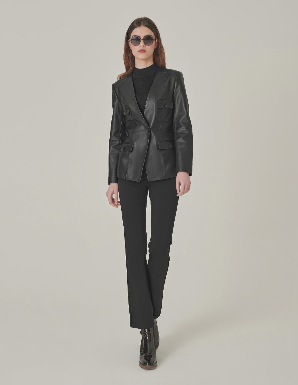 MARYLING Black Collarless Lambskin Blazer With Multiple Pockets