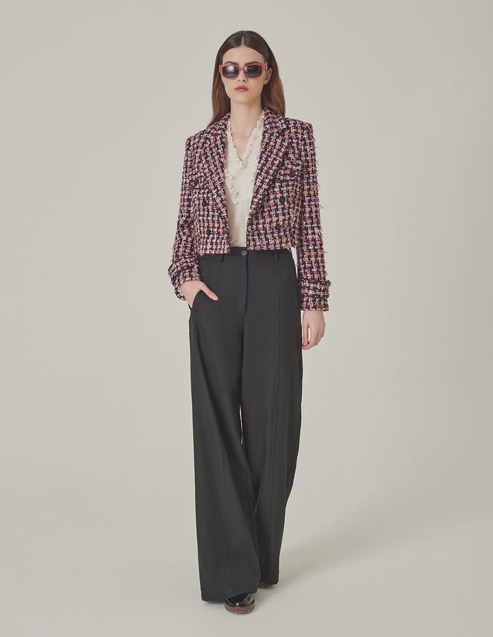 MARYLING Pink & Black Plaid H-Shaped Cropped Tweed Jacket