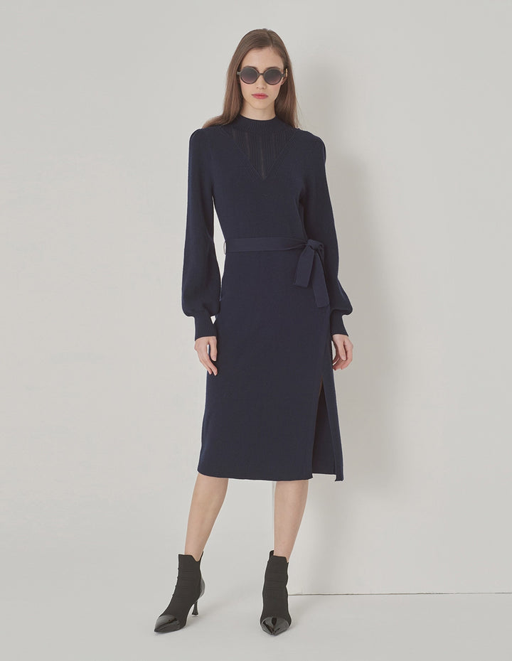 MARYLING Side Slit Waisted Woolen Dress