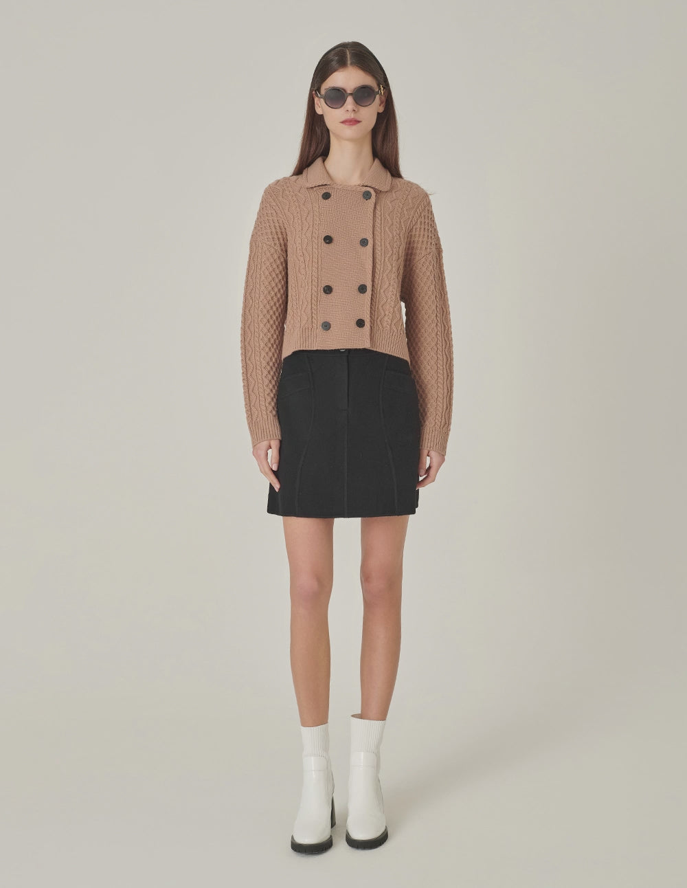 MARYLING Camel Lapel Double-Breasted Knitted Cardigan