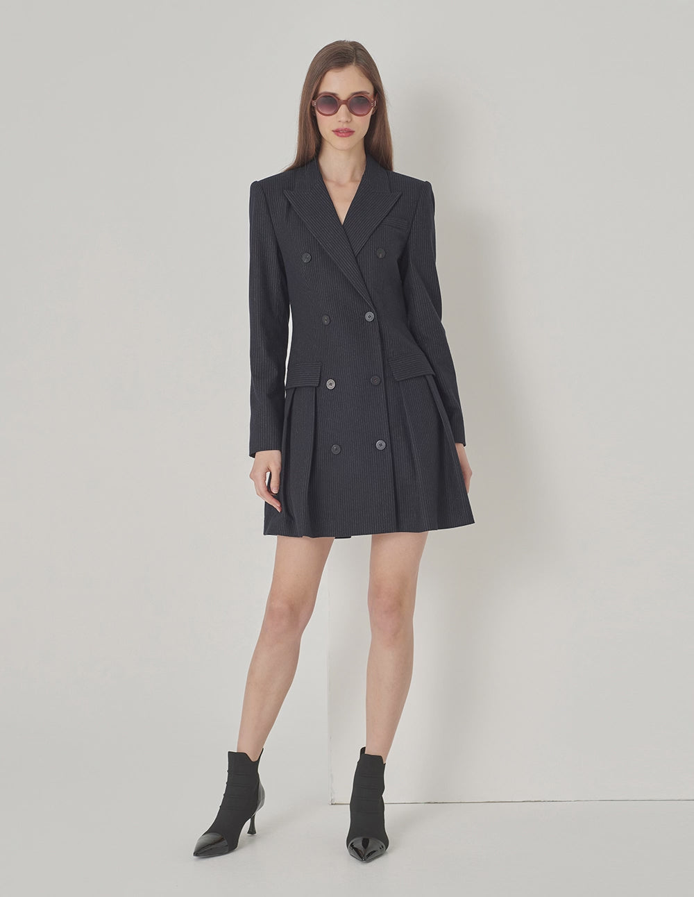 Maryling Navy Striped Double-Breasted Button-Down Dress With Pointed Collar