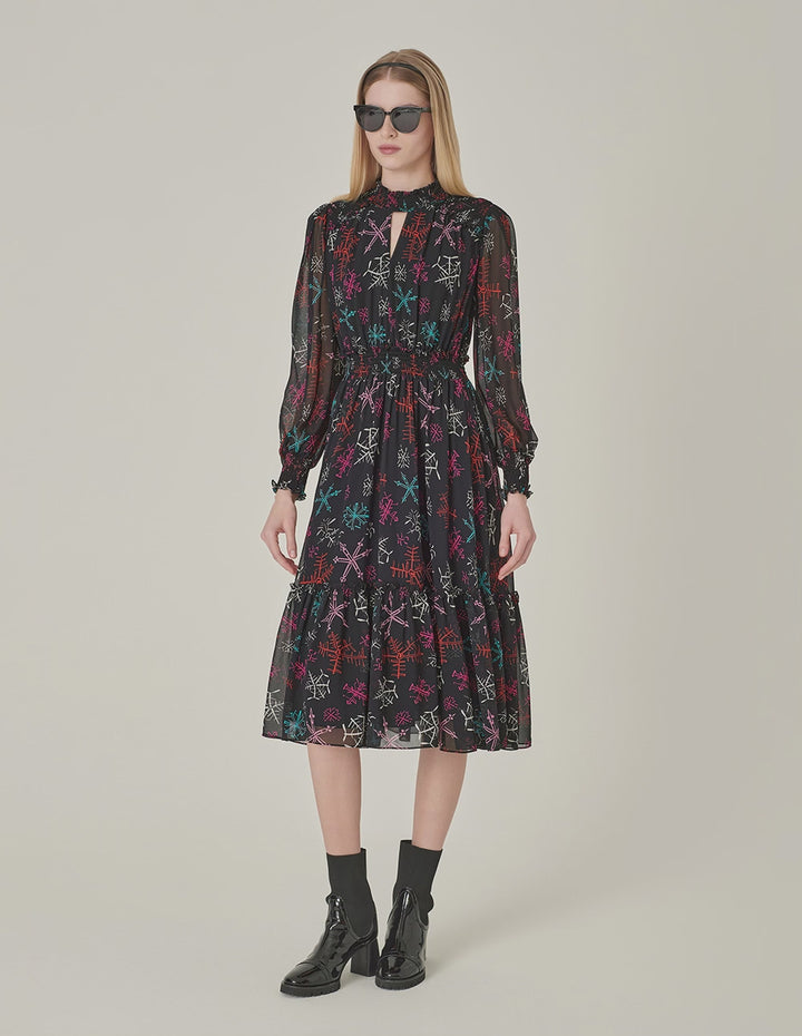 MARYLING Ruffle Collar Cutout Printed Long Sleeve Pleated Midi Dress